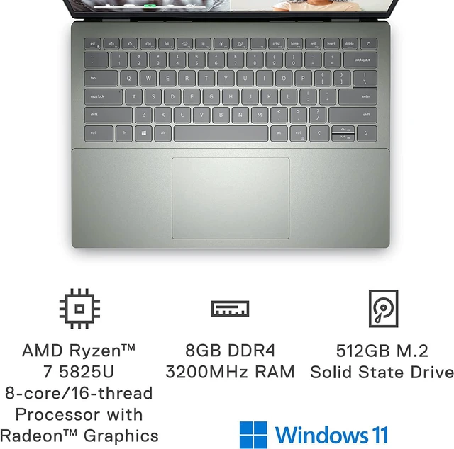 Alt view image 6 of 7 - Dell Inspiron 14 5425 14 inch Laptop - FHD+ (1920 x 1200) Display, AMD Ryzen7 5825U, 8GB DDR4 RAM, 512GB SSD, AMD Radeon Graphics, USB-C, HDMI, Bluetooth 5.2, Wi-Fi 6, Windows 11 Pro - Green