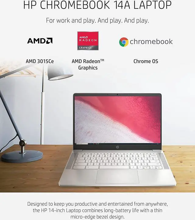 Alt view image 2 of 7 - HP Chromebook 14a Laptop, AMD 3015Ce Processor, 4 GB RAM, 32 GB eMMC Storage, 14-inch FHD IPS Display, Google Chrome OS, Anti-Glare Screen, Long-Battery Life (14a-nd0080nr, 2021, Ceramic White)