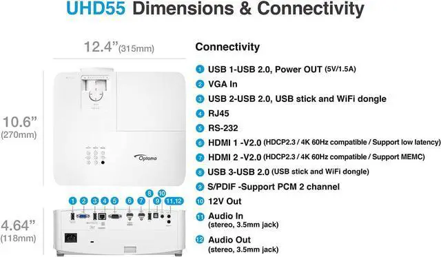 Alt view image 3 of 3 - Optoma UHD55 4K Ultra HD DLP Home Theater and Gaming Projector, Built-In Speaker