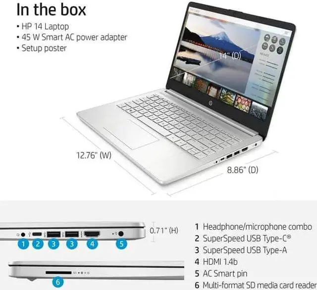 Alt view image 2 of 4 - HP 14" FHD, AMD Ryzen 3-3250, 4GB RAM, 128GB SSD, Silver, Windows 11 (S mode), 14-fq0110wm
Laptop Notebook