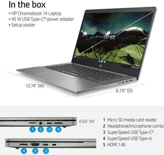 Alt view image 3 of 6 - HP 14" Chromebook, Intel i3-1135, 4GB RAM, 128GB SSD, Silver, Chrome OS, 14b-nb0031wm
Laptop Notebook
