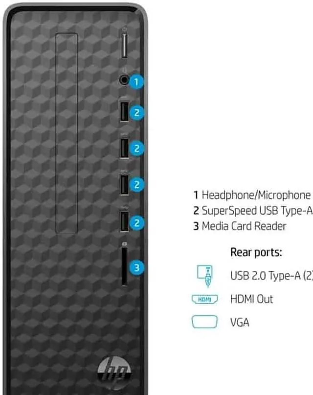 Alt view image 2 of 4 - HP Slim Desktop, Intel Celeron J4025, 4GB RAM, 256GB SSD, Dark Black, Windows 11 Home, S01-aF2003w
PC Computer