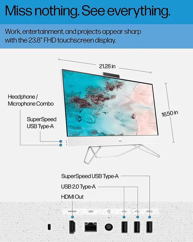 Alt view image 3 of 7 - HP All-in-One PC, 23.8" FHD Micro-Edge Touchscreen Display, AMD Ryzen 5 Processor, AMD Radeon Graphics, 12 GB RAM, 512 GB SSD, Windows 11 Home OS, Wi-Fi (24-cb1142, 2022)
Desktop Computer