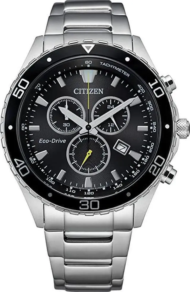 Main image of Citizen Men's Eco-Drive Weekender Chronograph Watch in Stainless Steel, Black Dial (Model: AT2387-52E)