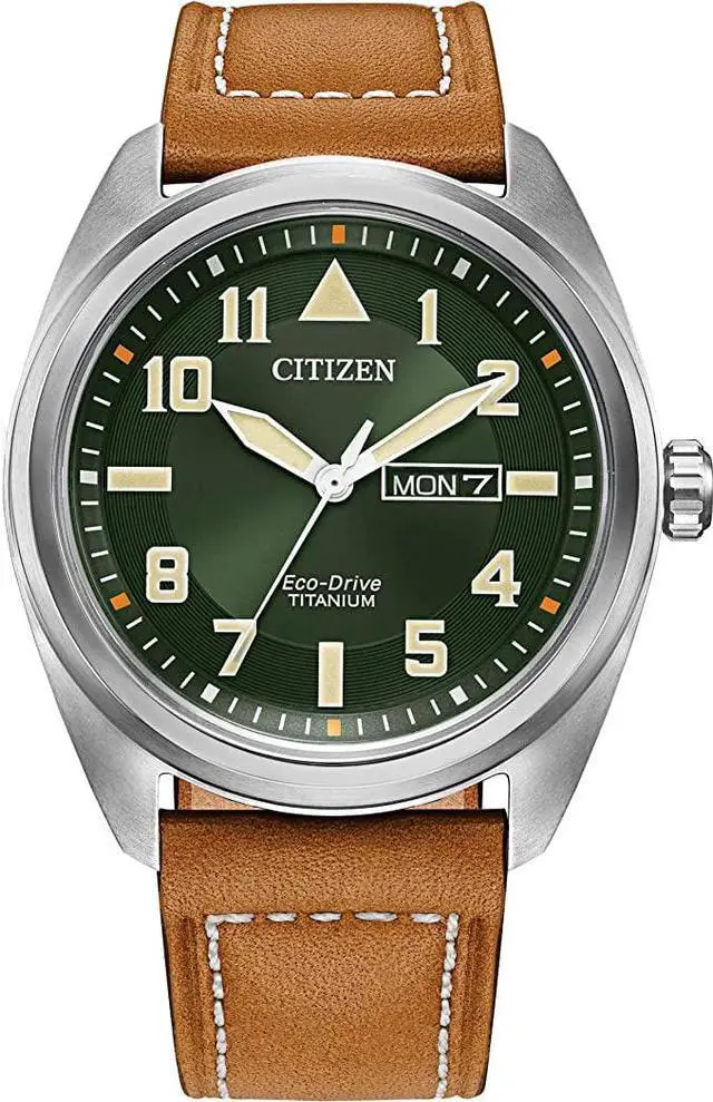 Main image of Citizen Men's Eco-Drive Weekender Garrison Field Watch in Super Titanium with Brown Leather Strap, Green Dial (Model: BM8560-02X)