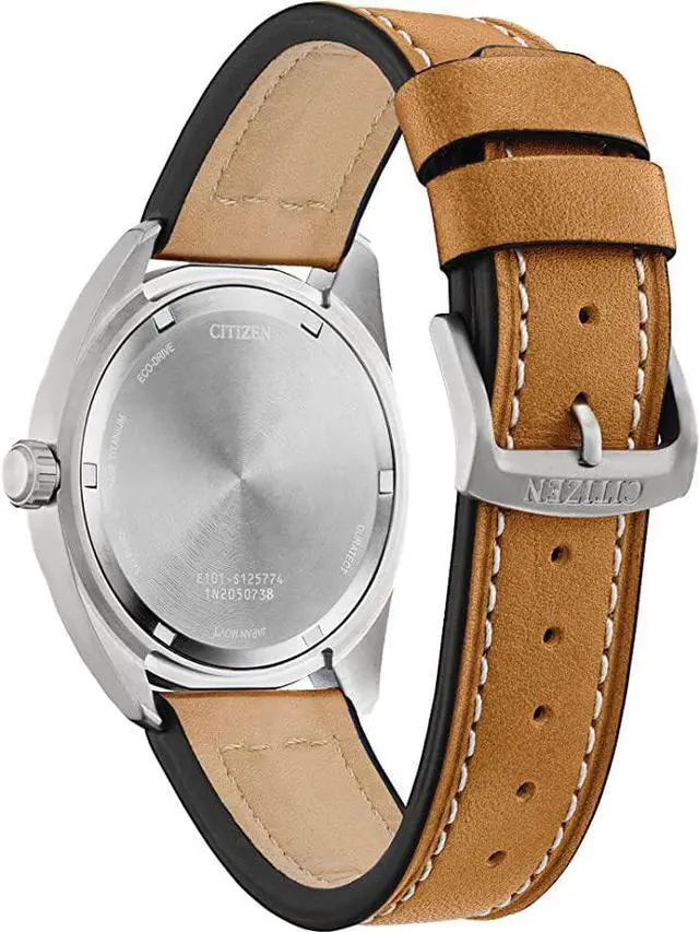 Alt view image 3 of 3 - Citizen Men's Eco-Drive Weekender Garrison Field Watch in Super Titanium with Brown Leather Strap, Green Dial (Model: BM8560-02X)
