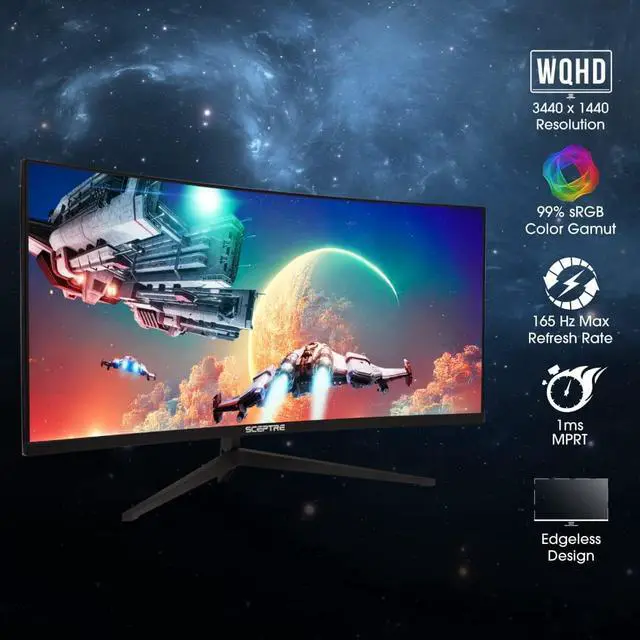 Alt view image 3 of 20 - Sceptre 34-Inch Curved Ultrawide WQHD Monitor 3440 x 1440 R1500 up to 165Hz DisplayPort x2 99% sRGB 1ms Picture by Picture, Machine Black 2023 (C345B-QUT168)