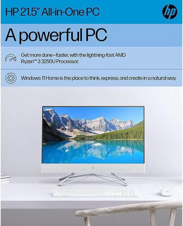 Alt view image 4 of 7 - HP All-in-One PC Desk Computer, 21.5" Full HD Micro-Edge Display, AMD Ryzen 3 Processor, AMD Radeon Graphics, 8 GB SDRAM, 256 GB SSD, Windows11 Home OS, MU-MIMO, Bluetooth, and Wi-Fi (22-dd0032, 2022)