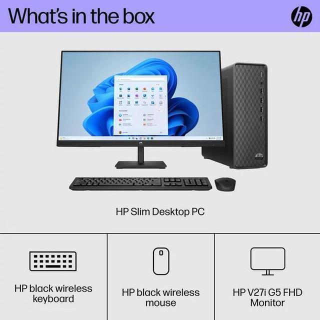 HP Slim 27 Desktop Bundle, Intel Core i3-10105, 8GB RAM, 256GB SSD, Dark  Black, Windows 11 Home, S01-pF2003wb, M27fe