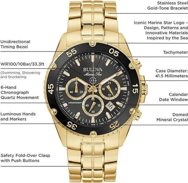 Alt view image 5 of 5 - Bulova Men's Marine Star Gold Chronograph Stainless Steel Watch, Black Dial Style: 98B406