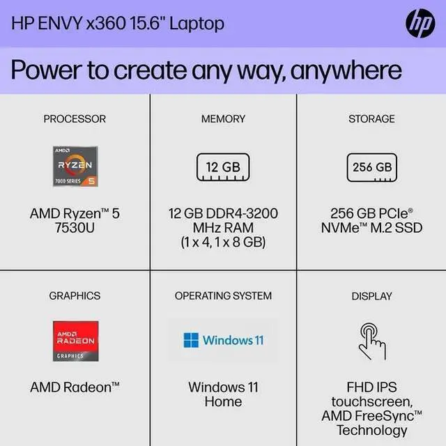 Alt view image 2 of 5 - HP ENVY x360 Convertible 15.6" FDH Touch Laptop, AMD Ryzen 5, 12GB, 256GB, Windows 11, 15-ey1077wm
Tablet Notebook 2-in-1