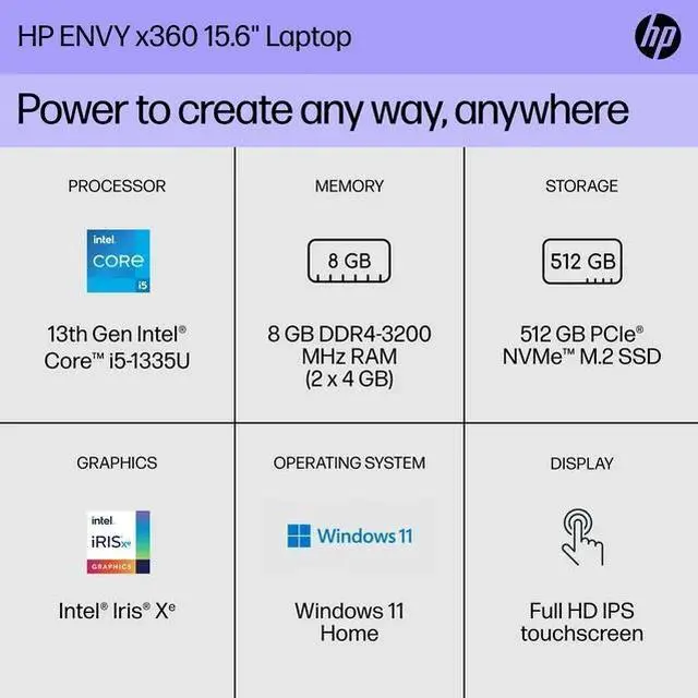 Main image of HP ENVY x360 2-in-1 Convertible 15.6" FHD Touch Laptop, Intel Core i5-1335U, 8GB RAM, 512GB SSD, Mineral Silver, Windows 11 Home, 15-ew1058wm