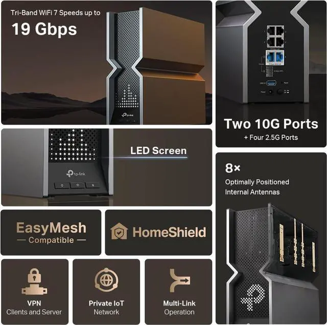 Alt view image 3 of 12 - TP-Link Tri-Band BE19000 WiFi 7 Router (Archer BE800) | 12-Stream 19 Gbps | 2 × 10G + 4 × 2.5G Ports | LED Screen | 8 High-Performance Antennas | VPN, Easy Mesh, 4×4 MU-MIMO, HomeShield, Private IoT