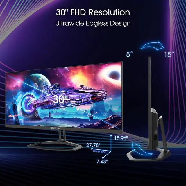 Alt view image 6 of 14 - Sceptre 30-inch IPS Monitor 21:9 DisplayPort x2 up to 210Hz 1ms Ultra Wide/Slim Build-in Speakers, Machine Black 2024 (E305B-FU200T)