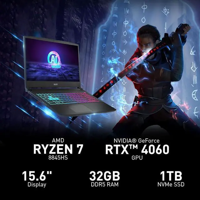Alt view image 2 of 6 - MSI Katana A15 AI 15.6 144Hz FHD Gaming Laptop: Ryzen 7-8845HS, NVIDIA Geforce RTX 4060, 32GB DDR5, 1TB NVMe SSD, Cooler Boost 5, Win 11: Black B8VF-448US