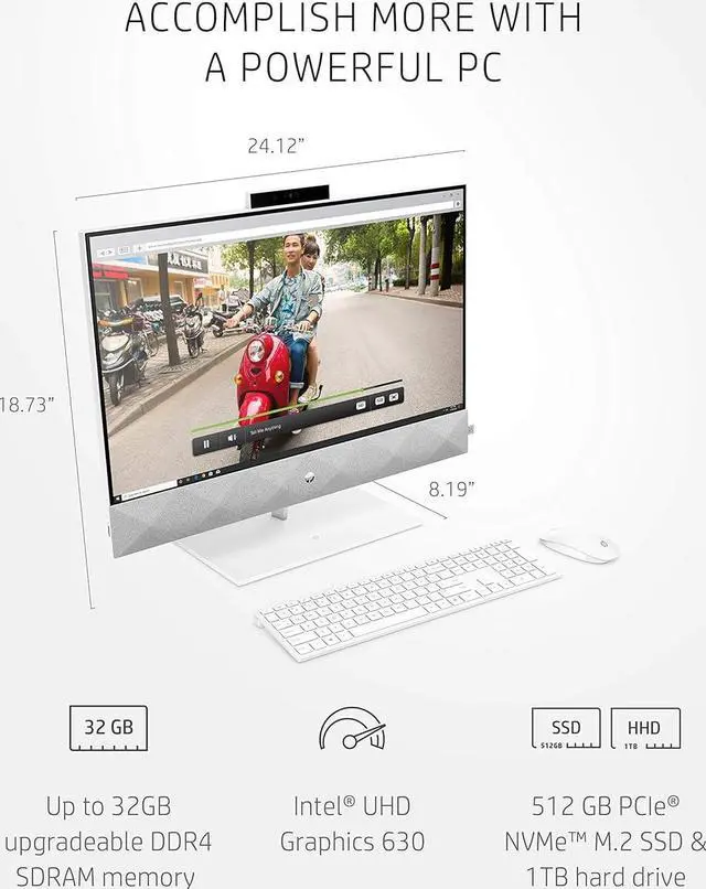 Alt view image 2 of 4 - HP 27 Pavilion All-in-One PC, 10th Gen Intel i7-10700T Processor, 16 GB RAM, Dual Storage 512 GB SSD and 1TB HDD, Full HD IPS 27 Inch Touchscreen, Windows 10 Home, Keyboard and Mouse (27-d0072, 2020)