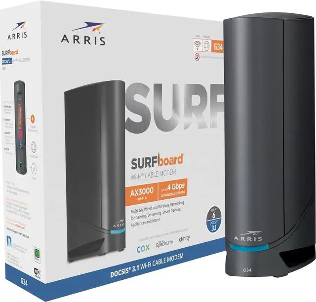 Main image of ARRIS Surfboard G34 DOCSIS 3.1 Gigabit Cable Modem & AX3000 Wi-Fi 6 Router, Approved for Cox, Spectrum, Xfinity & Others