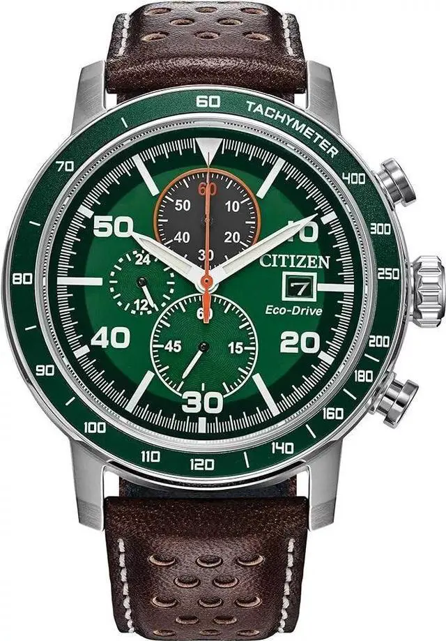 Main image of Citizen Men's Eco-Drive Weekender Brycen Chronograph Watch in Stainless Steel, Brown Preforated Leather Strap, Green Bezel, Time/Date, 3 Hand, Green Dial (Model:CA0851-05X)