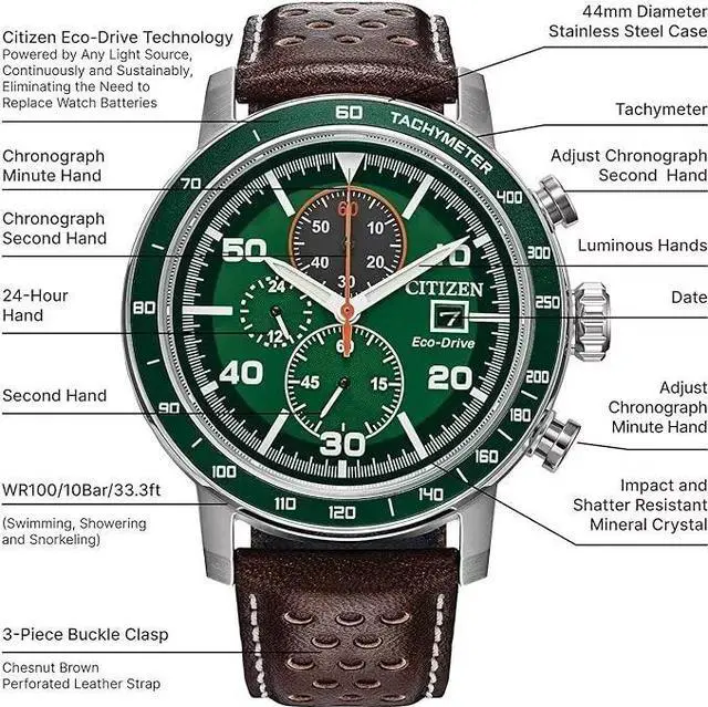 Alt view image 4 of 5 - Citizen Men's Eco-Drive Weekender Brycen Chronograph Watch in Stainless Steel, Brown Preforated Leather Strap, Green Bezel, Time/Date, 3 Hand, Green Dial (Model:CA0851-05X)