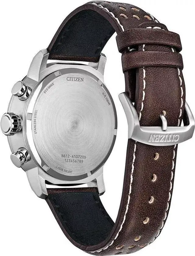 Alt view image 3 of 5 - Citizen Men's Eco-Drive Weekender Brycen Chronograph Watch in Stainless Steel, Brown Preforated Leather Strap, Green Bezel, Time/Date, 3 Hand, Green Dial (Model:CA0851-05X)