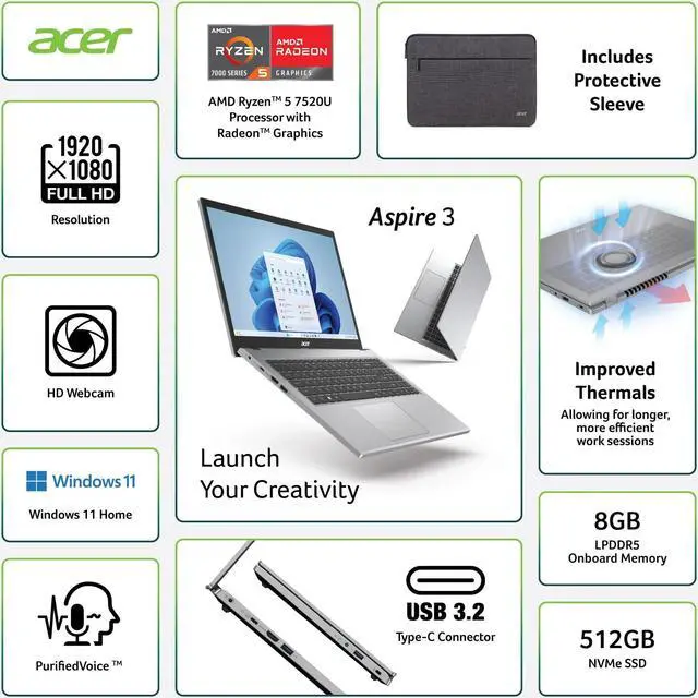 Alt view image 2 of 7 - Acer Aspire 3, 15.6" Full HD IPS Display, AMD Ryzen 5 7520U Quad-Core Mobile Processor, 8GB LPDDR5, 512GB NVMe SSD, Protective Sleeve, Pure Silver, A315-24P-R2AG