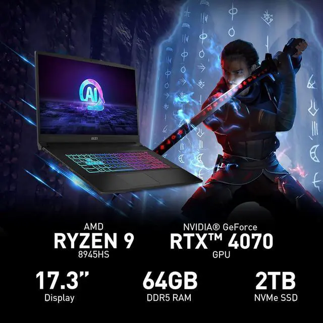 Alt view image 2 of 6 - MSI Katana A17 AI 17.3 240Hz QHD Gaming Laptop: Ryzen 9-8945HS, NVIDIA Geforce RTX 4070, 64GB DDR5, 2TB NVMe SSD, Cooler Boost 5, Win 11: Black B8VG-879US