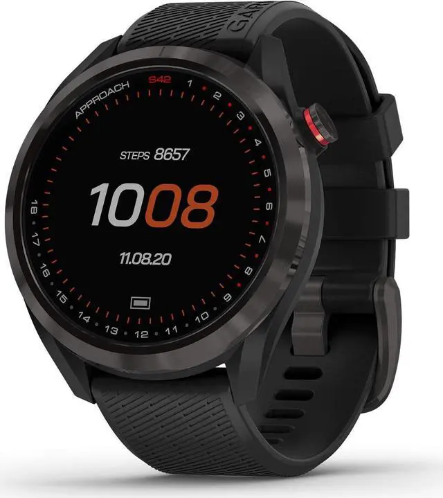 Main image of Garmin Approach S42, GPS Golf Smartwatch, Lightweight with 1.2" Touchscreen, 42k+ Preloaded Courses, Gunmetal Ceramic Bezel and Black Silicone Band, 010-02572-10