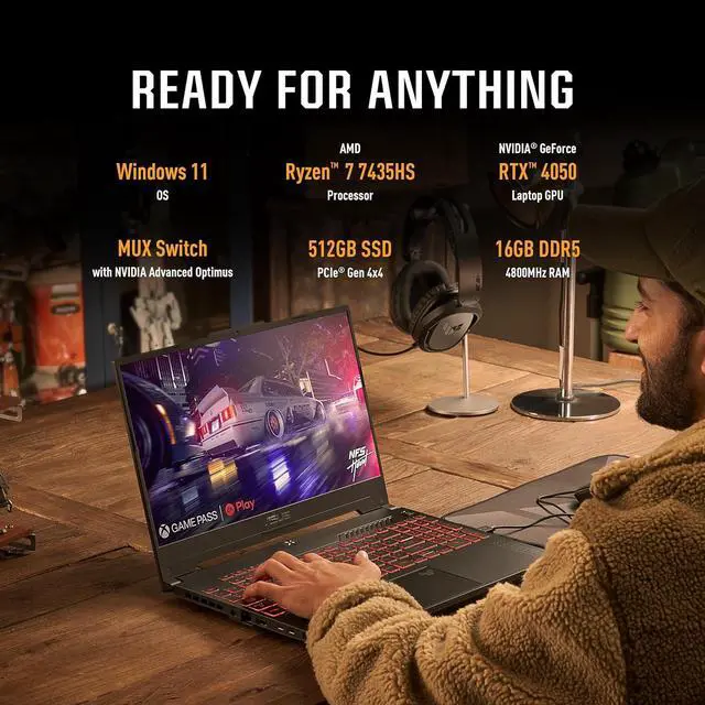 Alt view image 4 of 7 - ASUS TUF Gaming A15 Gaming Laptop, 15.6 FHD 144Hz, 100% sRGB Display, GeForce RTX 4050, AMD Ryzen 7 7435HS, 16GB DDR5, 512GB PCIe SSD, Wi-Fi 6, Windows 11, FA507NUR-AS73