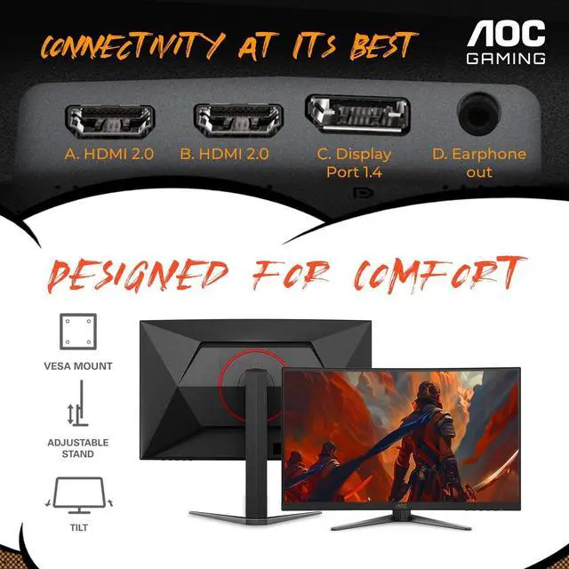 Alt view image 5 of 5 - AOC C27G4H 27" Curved Gaming Monitor, FHD 1080p, 180Hz, AMD FreeSync, 3-Year Zero Dead Pixel Guarantee, Black, Xbox PS5 Switch Compatible