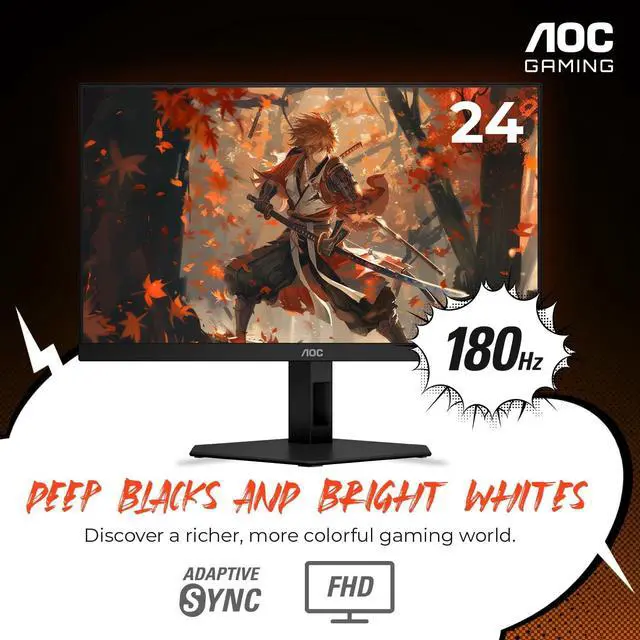Alt view image 2 of 5 - AOC 24G4E 24" Gaming Monitor, Full HD 1920x1080 IPS Panel, 180Hz 1ms, 1x HDMI 2.0, 1x Display Port, Adaptive-Sync, Audio Earphone Out, Console Gaming Ready, 3-Year Zero-Bright-Dot