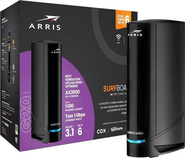 Main image of ARRIS (G20) - Cable Modem Router Combo - Fast DOCSIS 3.1 Multi-Gigabit WiFi 6 (AX3000), Approved for Comcast Xfinity, Cox, Spectrum & More, 1.0 Gbps Max Speeds, Next-Generation Upload Optimized