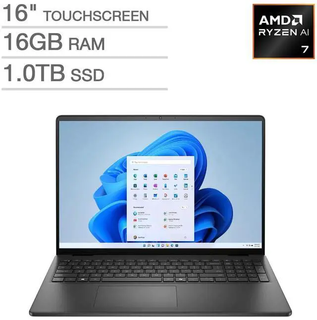 Main image of Dell 16 Touchscreen Laptop - 16.0" FHD+ 1920x1200 Touchscreen - Ryzen 7 250 - 16GB RAM - 1TB SSD - Windows 11 Home - Carbon Black