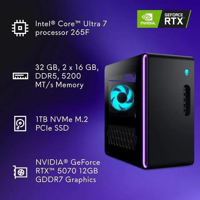 Alt view image 4 of 5 - Alienware Aurora Gaming Desktop ACT1250 - Intel Core Ultra 7 265KF Processor, Air Cooled, NVIDIA GeForce RTX 5060Ti, 16GB DDR5 RAM, 1TB SSD, 500W Platinum Rated PSU, Win 11 Home - Clear Panel