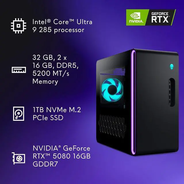 Alt view image 5 of 5 - Alienware Aurora Gaming Desktop ACT1250 - Intel Core Ultra 9 285 Processor, Liquid Cooled, NVIDIA GeForce RTX 5080, 32GB DDR5 RAM, 1TB SSD, 1000W Platinum Rated PSU, Win 11 Home - Clear Panel