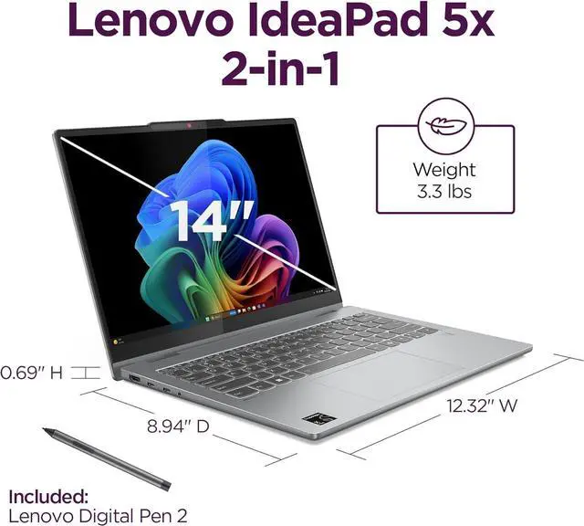 Alt view image 6 of 6 - Lenovo IdeaPad 5X 2-in-1 Copilot+ Extra-Long Battery Life 14" WUXGA FHD+ OLED Touch Display 16GB Memory 512GB Storage Snapdragon X Plus 8-core Processor Windows 11 Home, Pen Included, Luna Gray