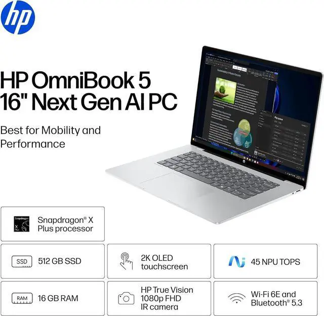 Alt view image 2 of 6 - HP OmniBook 5 16 inch Next Gen AI PC, 2K Touchscreen, Snapdragon X Plus X1P-42-100, 16 GB RAM, 512 GB SSD, Qualcomm Adreno GPU, Windows 11 Home, Copilot+ PC, Glacier Silver, 16-fb0000nr