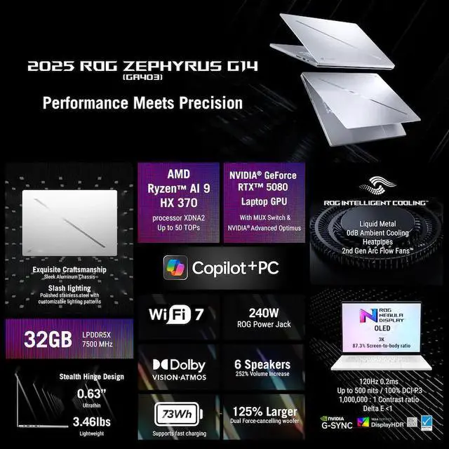 Alt view image 6 of 6 - ASUS - ROG Zephyrus G14 14" 3K OLED 120Hz Gaming Laptop - Copilot+ PC - AMD Ryzen AI 9 HX - 32GB RAM - NVIDIA RTX 5080 - 2TB - Platinum White