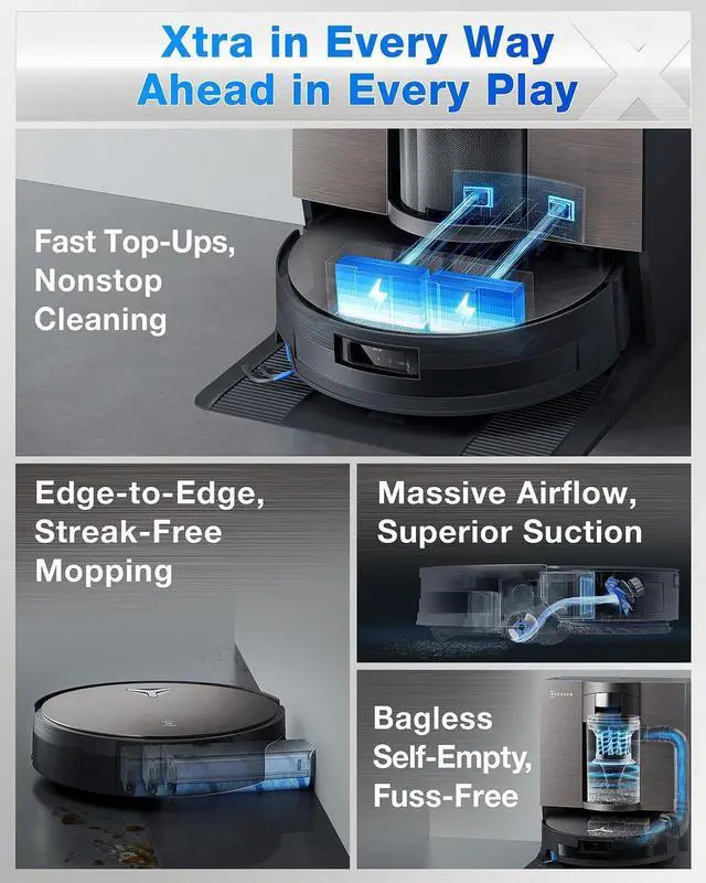 Alt view image 4 of 7 - ECOVACS DEEBOT X11 OmniCyclone Robot Vacuum and Mop, PowerBoost Charging, OZMO Roller 2.0 Instant Self-Washing Mop, 19,500Pa Blast Suction, Bagless OmniCyclone Station, AIVI 3D Smart Navigation