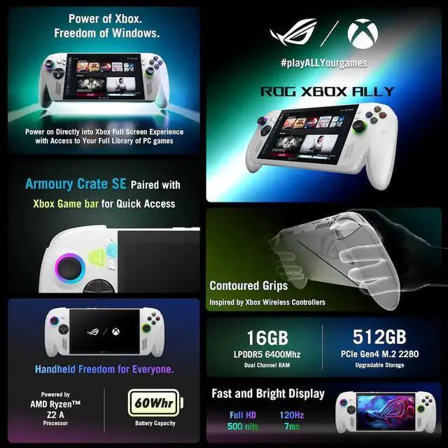 Alt view image 2 of 7 - ASUS ROG Xbox Ally 7" FHD 120Hz Gaming Handheld, 3-Month Xbox Game Pass Premium, AMD Ryzen Z2 A, 16GB RAM, 512GB SSD - Windows