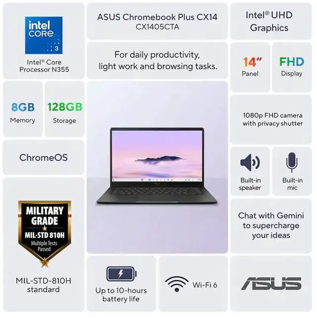 Alt view image 4 of 7 - ASUS - CX14 14" FHD Chromebook Plus Laptop with Google AI - Intel Core 3 (2025) - 8GB Memory - 128GB Storage - Hunter Green
