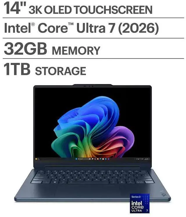 Main image of Lenovo - Yoga 9i 2-in-1 Aura Edition 14" 3K OLED Touchscreen Laptop - Core Ultra 7 Processor 355 2026- 32GB Memory- 1TB Storage - Cosmic Blue