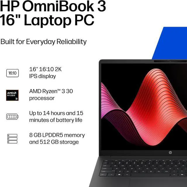 Alt view image 2 of 5 - HP OmniBook 3 16 inch Laptop PC, 2K Touchscreen, AMD Ryzen 3 30, 8 GB RAM, 512 GB SSD, AMD Radeon 610M GPU, Windows 11 Home, Mica Silver, 16-by0299nr