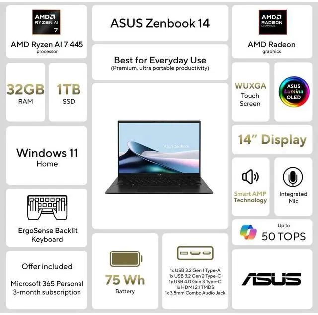 Alt view image 2 of 5 - ASUS Zenbook 14 14 WUXGA OLED Touch Screen Laptop, Copilot+ PC, AMD Ryzen AI 7 445, AMD Radeon Graphics, 32GB RAM, 1TB SSD, Jade Black