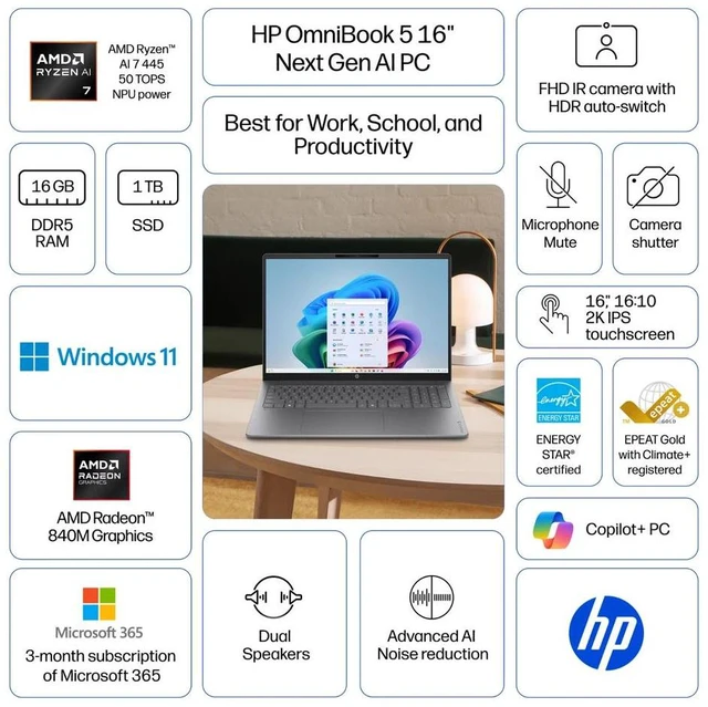 Alt view image 2 of 5 - HP OmniBook 5 16 inch Laptop Next Gen AI PC 2K IPS Touchscreen Windows AMD Ryzen AI 7 445 16GB 1TB SSD Meteor Silver