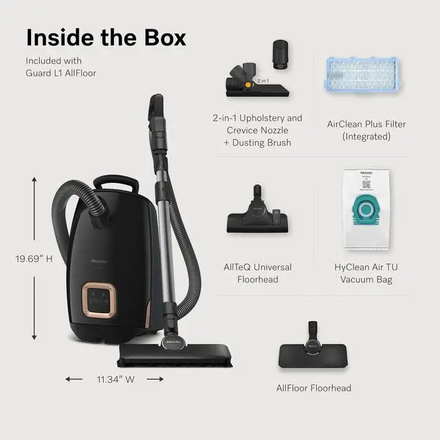Alt view image 2 of 5 - Miele Guard L1 AllFloor Bagged Canister Vacuum Cleaner with AirClean Plus Filter, AllTeQ Universal Floorhead, and AllFloor Floorbrush, LED Display Panel, in Obsidian Black/Rose Gold