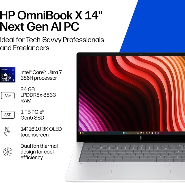 Alt view image 2 of 5 - HP OmniBook X 14 inch Next Gen AI PC, 3K Touchscreen, Intel® CORE Ultra 7 Processor 356H, 24 GB RAM, 1 TB SSD, Intel Graphics, Windows 11 Home, Glacier Silver, 14-ka0099nr (2026)
