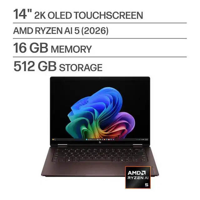 Alt view image 2 of 6 - HP - OmniBook X Flip 2-in-1 - 14" 2K OLED Touchscreen Laptop - AMD Ryzen AI 5 430 (2026) - 16GB Memory - 512GB SSD - Copilot+ - Deep Espresso