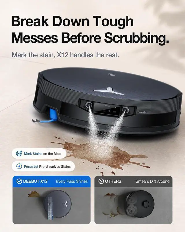 Alt view image 3 of 5 - ECOVACS DEEBOT X12 OMNICYCLONE Robot Vacuum and Mop, FocusJet Pre-Spray, Bagless Station, OZMO Roller Instant Self Washing, Blast 22000Pa Suction, ZeroTangle, PowerBoost Charging for Large House