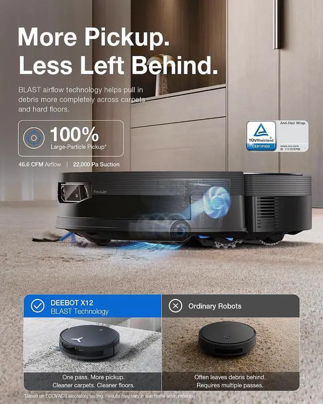 Alt view image 5 of 5 - ECOVACS DEEBOT X12 OMNICYCLONE Robot Vacuum and Mop, FocusJet Pre-Spray, Bagless Station, OZMO Roller Instant Self Washing, Blast 22000Pa Suction, ZeroTangle, PowerBoost Charging for Large House