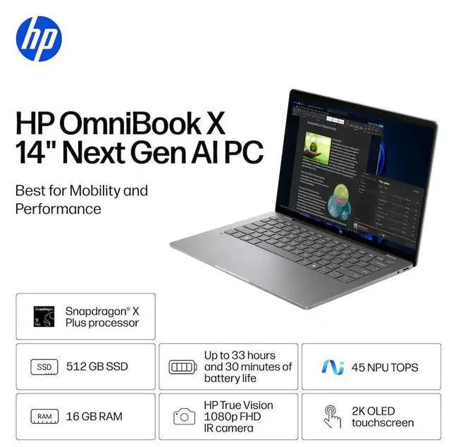 Alt view image 3 of 6 - HP - OmniBook X - 14" 2K OLED Touchscreen Laptop - Snapdragon X Plus (2025) - 16GB Memory - 512GB SSD - Copilot+ PC - Meteor Silver